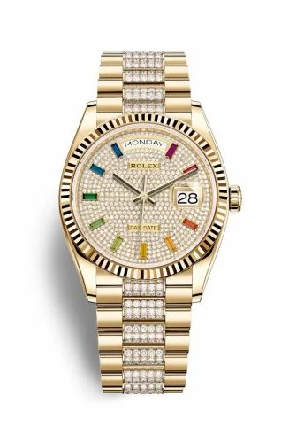 Rolex Day-Date 36 Yellow Gold / Fluted / Paved-Rainbow / President-Diamond 128238-0052 (M128238-0052)